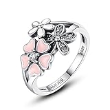 BAMOER 925 Sterling Silver Rings Pink White Enamel