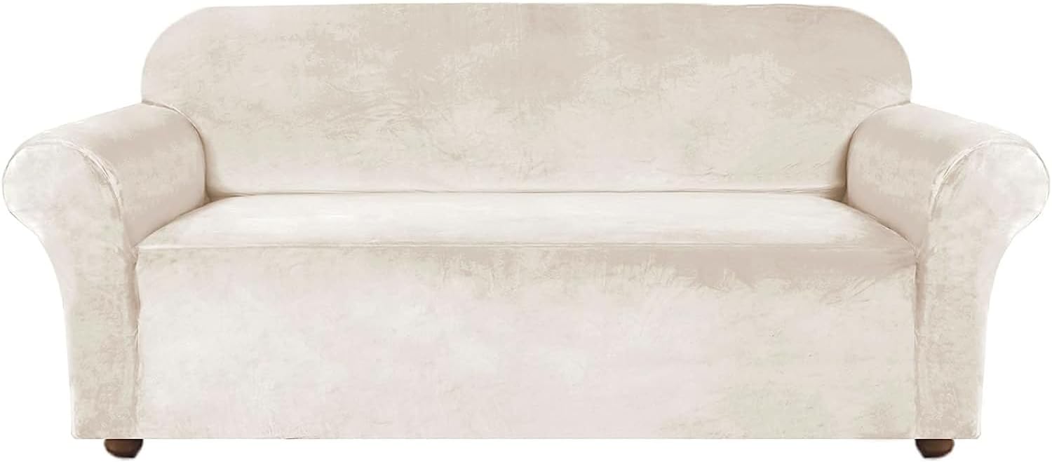 Slipcovers - Turquoize Velvet Sofa Slipcover Stretch Couch Covers for 3 Cushion Couch Soft Thick Sofa Cover Washable Furniture Protector, Couch Covers for Dogs, Form Fit Couch Slipcover (Sofa, Ivory)