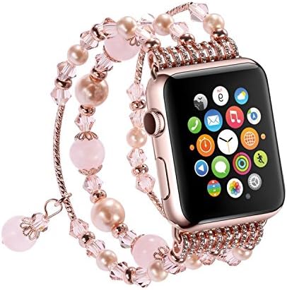 For Rose Gold Apple Watch Band 42mm Women ,Fashion Handmade Elastic Stretch Faux Pearl Bracelet Replacement Girls iWatch Bands Strap for Apple Watch Series 3 / 2 / 1 Pink (Pink 42mm)