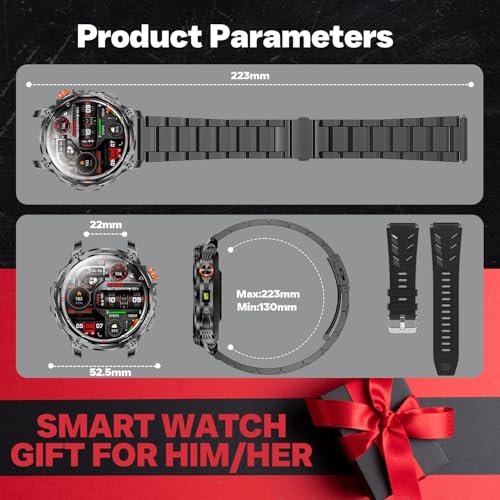 Men's Smart Watch Smartwatch Watch: 1.85 Inches Fitness Smart Watches with Bluetooth Call 5.3 Sleep Heart Rate Monitor SpO2 Pedometer 100+ Sports Modes Android iOS Compatibility Steel