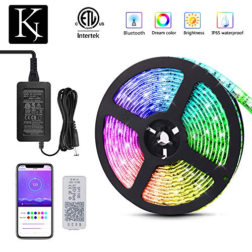 KORJO Dream Color LED Strip Lights, 16.4ft/5M Bluetooth LED Chasing Light with APP, Waterproof 12V 150 LEDs 5050 RGB Color Changing Rope Light Kit, Flexible Led Strip Lighting for Home Kitchen