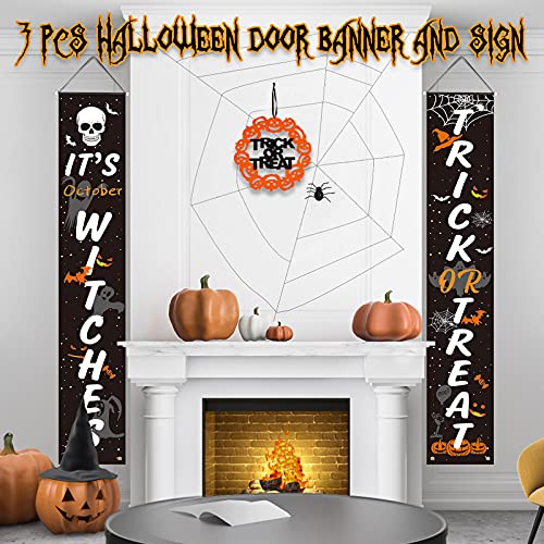 Halloween Decorations Outdoor, 3PCS Icnice Welcome Sign for Front Porch Trick or Treat & It\'s October Witches Banner Indoor Window Fireplace Decor Hanging Flag for Door Garden Yard