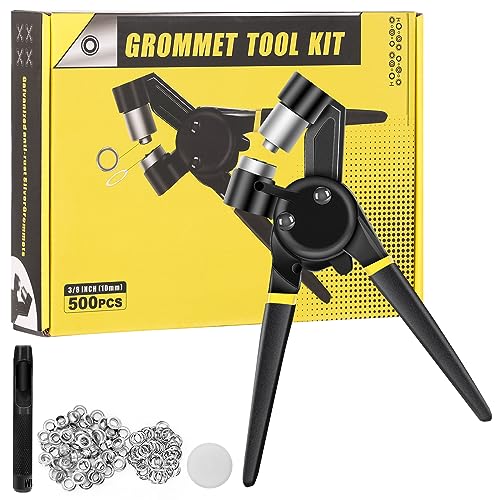 Grommet Tool Kit, Premium Eyelet Plier Set, 3/8 inch Handheld Grommet Eyelet Pliers with 500 pcs of 10 mm Grommets, Ideal Eyelet Tool for Canvas, Fabrics, and Awnings