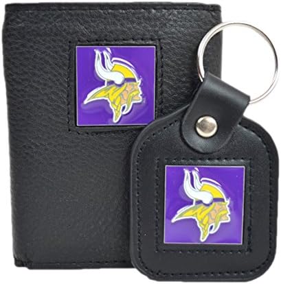 Official National Football League Fan Shop Authentic Genuine Leather NFL Trifold Wallet and Key Chain Bundled Set (Minnesota Vikings)