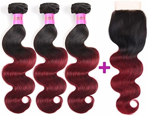 Brazilian Ombre Two Tone Body Wave Human Hair 3 Bundles With 4X4 Lace Closure Ombre Hair T1B/Burgundy (10 12 14 inch + Closure 10)