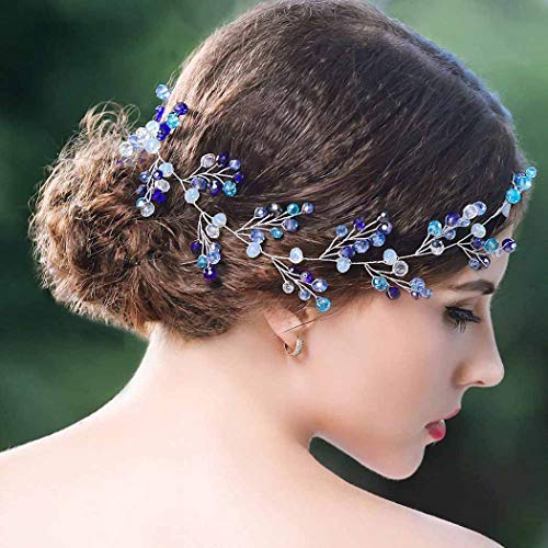Yean Blue Wedding Headband Crystal Silver Long Hair Vine Baby Wreath Headdress for Bride and Bridesmaid - Thumbnail 7