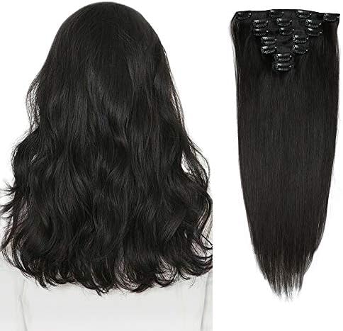 Real Human Hair Extensions Clip in #1B Natural Black Remi Straight Double Weft 7 Pieces 16 inch Short 70g