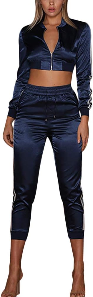 Women's Satin Tracksuits Long Sleeve Zip Up Crop Top + Trousers 2 Piece' s Set Ladies Tracksuit Sport Gym Joggers Jogging Suit