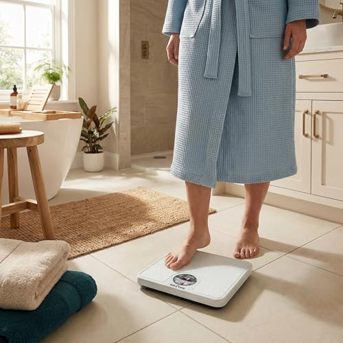 Salter Mechanical Bathroom Scale – Analogue Body Weighing Scale, Classic Fitness Scale, 133kg Capacity, Easy Read Display with Magnifying Lens, Non-Slip Mat, No Batteries Required, White