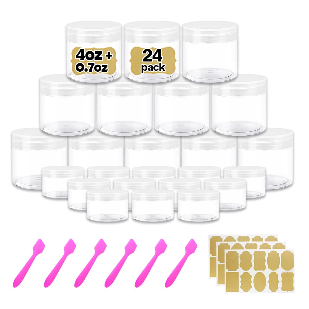 Clear Plastic Containers with Lids - 4 oz Small Jars + 20g/20ml Containers (Set of 24) - Cosmetic Sample Jar for Lip Scrub, Body Butters, Cream, Slime, Craft Storage