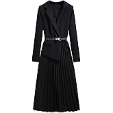 Women's Fake 2 Piece Dresses Dressy Long Sleeve V Neck Blazer Tops and Pleated Long Skirt Set Dress Casual Suit