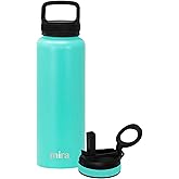 MIRA 40 oz Insulated Water Bottle - Stainless Steel Sports Flask with 2 Lids (Straw & Handle) - Cold Drink Thermo - Teal