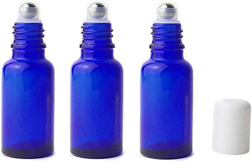 3Pcs 20ml/0.67oz Refillable Empty Blue Glass Roll-on Roller Bottles with Stainless Steel Roller Balls and White Cap for Essential Oil Perfumes Lip Balms Attar Travel Container