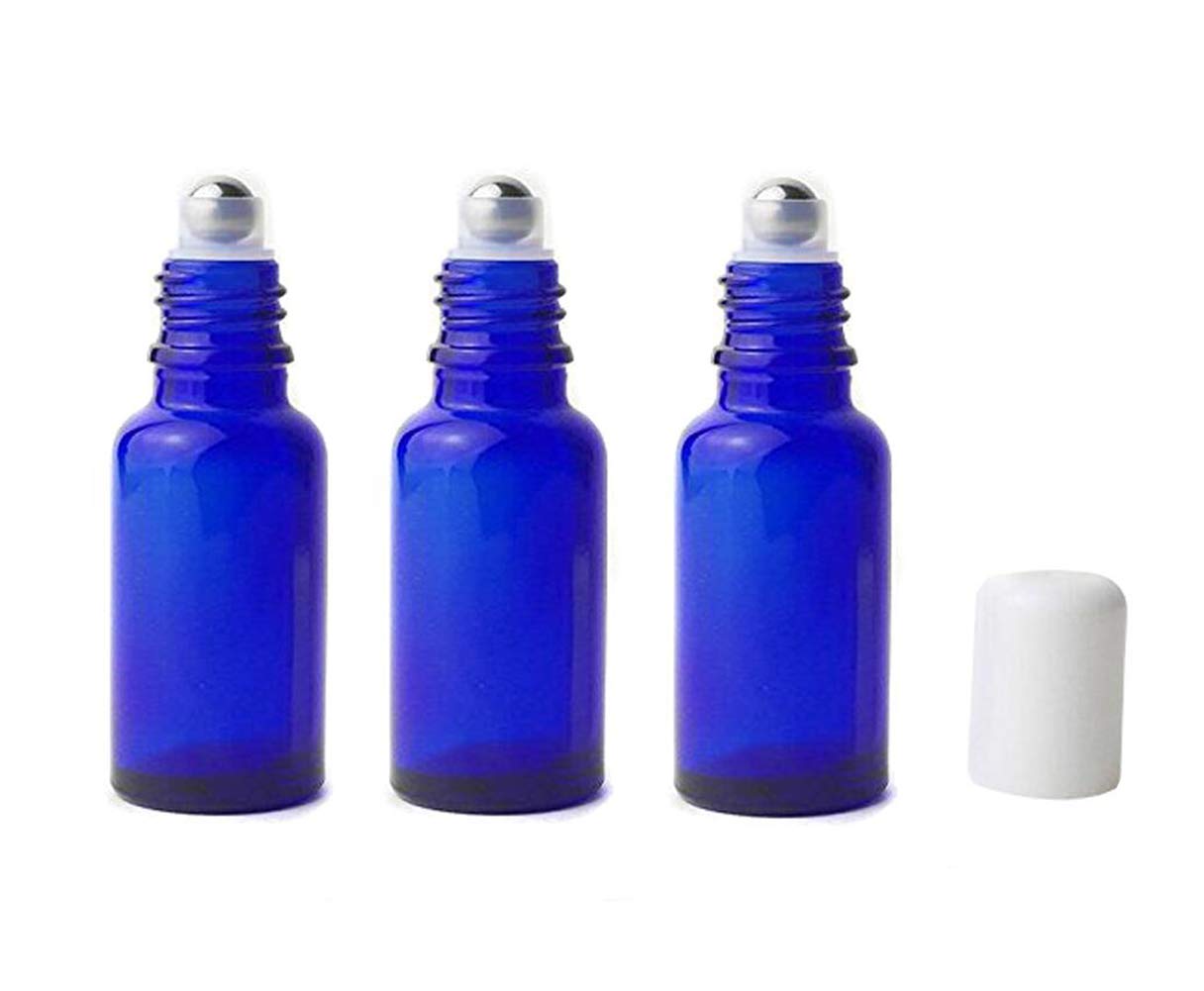 3Pcs 20ml/0.67oz Refillable Empty Blue Glass Roll-on Roller Bottles with Stainless Steel Roller Balls and White Cap for Essential Oil Perfumes Lip Balms Attar Travel Container
