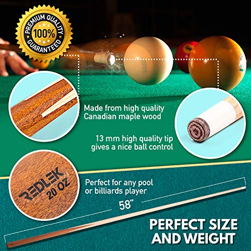 REDLEK Pool Cue Set of 4 1 Piece 58” Pool Sticks with Pool Chalk