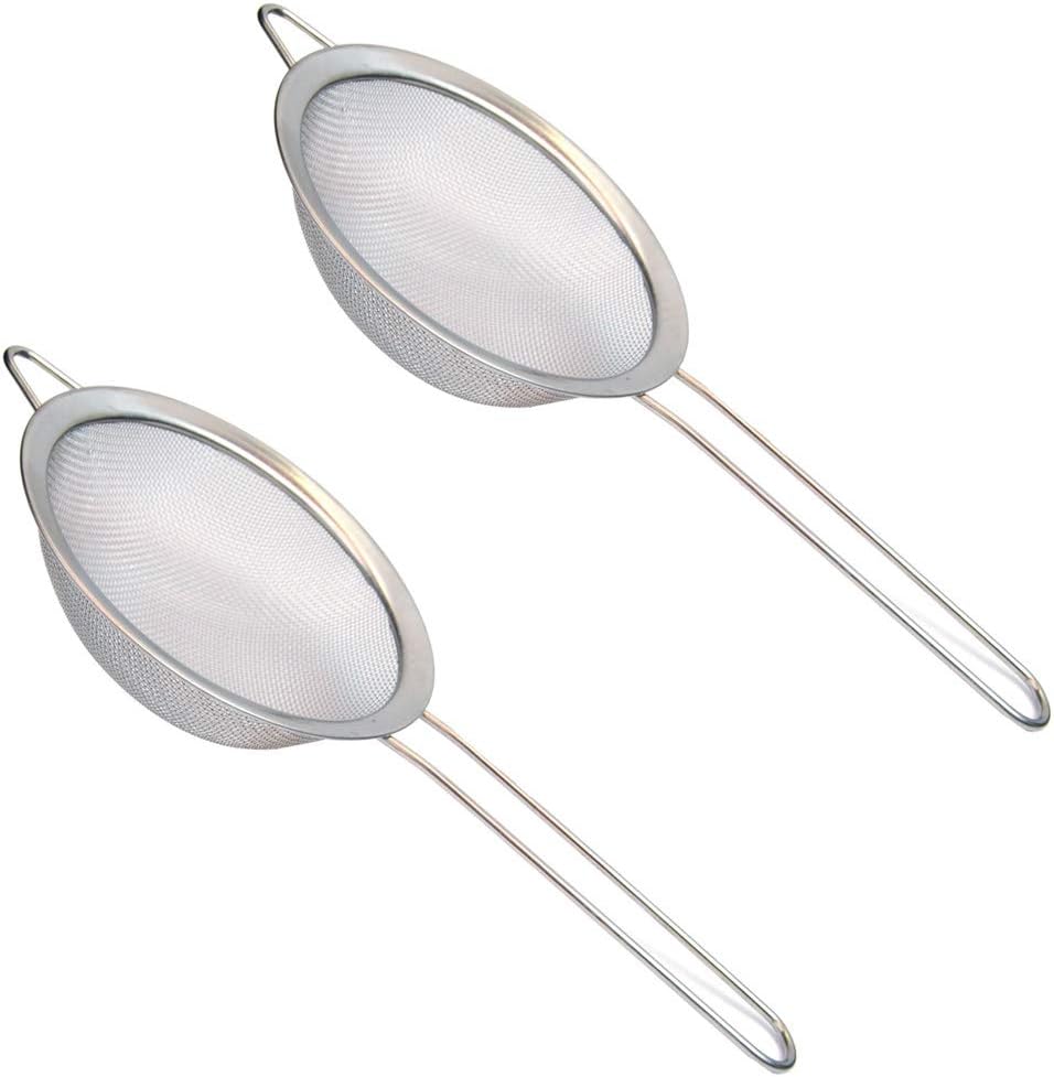 Hometeq 2 Pack - 4 inch Diameter Stainless Steel Fine Mesh Strainer with Sturdy Handle and Hook
