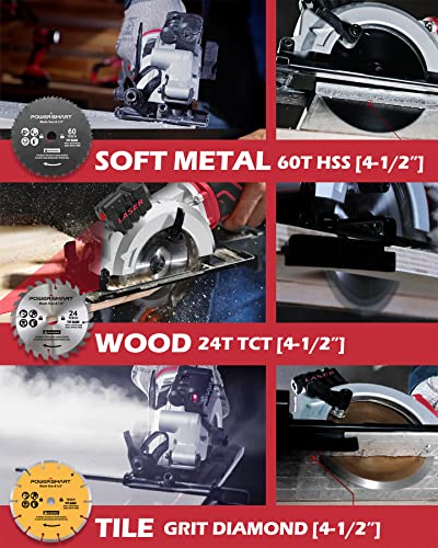 Minisierra circular PowerSmart, sierra circular compacta de 5,8 A y 4-1/2 pulgadas con guía láser, 6 hojas, 3500 RPM, profundidad máxima de corte 1-11/16(90°), 1-1/8(45°) , Ideal para Maderas, Azulejos, Cortes de Metal Blando Minisierra circular PowerSmart, sierra circular compacta de 5,8 A y 4-1/2 pulgadas con guía láser, 6 hojas, 3500 RPM, profundidad máxima de corte 1-11/16(90°), 1-1/8(45°) , Ideal para Maderas, Azulejos, Cortes de Metal Blando