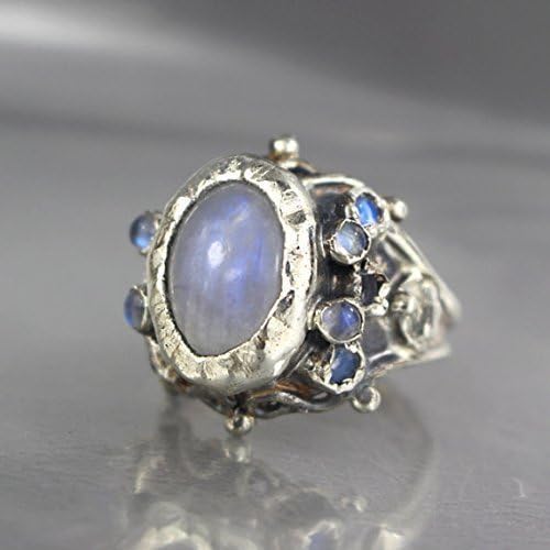 Vintage Style Rainbow Moonstone Queen Engagement Ring in Sterling Silver, Adjustable Ring