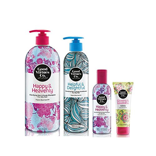 Good Virtues Co. Women Hair and Facial Care Thanksgiving Gift Set, Clarifying Shampoo (23.7 & 2.7 oz), Conditioner (10.1 oz) for Oily Hair and Brightening Facial Scrub (3.4 oz)