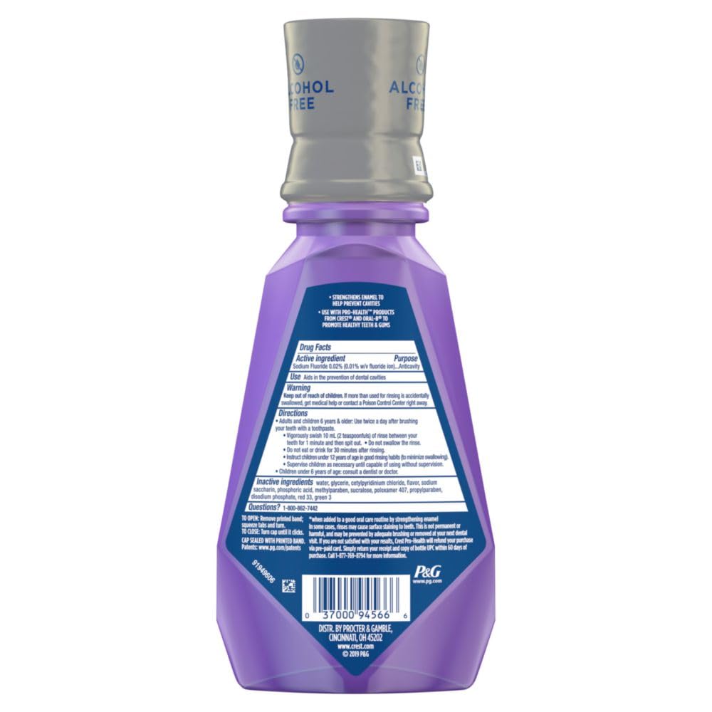 Crest Pro-Health Advanced Mouthwash, Alcohol Free, Anticavity Fluoride, Enamel Care, Contains CPC, 500 mL (16.9 fl oz) Pack of 4, Crest Mouthwash, Mouthwash Alcohol Free