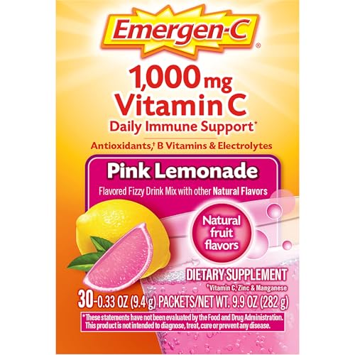 EMERGEN-C 1000MG VITAMIN C IMMUNE SUPPORT POWDER PINK LEMONADE 30CT INCLUDES ZINC, MANGANESE, 7 B VITAMINS AND ELECTROLYTES FOR BACK TO SCHOOL ESSENTIALS