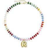 Hoifu Elegant Boho Colorful Beaded Necklace with Gold Bubble Letter A-Z Pendant,Handmade Trendy Summer Beach Initial Necklace Chain,14K Gold-Plated Natural Stone Choker, Perfect Festival Jewelry Gift for Women