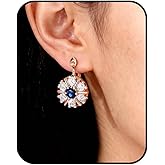 Flower Circle Earrings for Women,Two Tone Cubic Zirconia Gold Leverback Floral Hollow Blue CZ Dainty Trendy Earrings Jewelry Gifts for Women