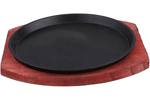 MOTHNUR Cast Iron Sizzling Steak Plate Round with Wooden Base Multipurpose Japanese Fajita Pan Compatible