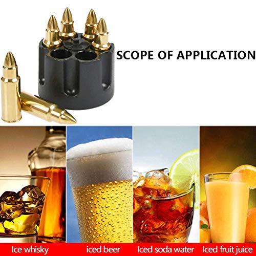 Whiskey Stones Bullets with Base, Gold Stainless Steel Whiskey Bullets,Set of 6 Extra Large Bullet Shaped Ice Cube Reusable for Whisky Bourbon- Best Gift for Men