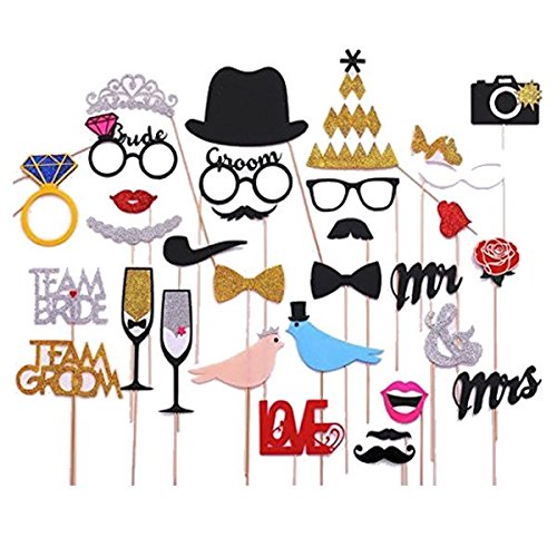 Veewon Wedding Photo Booth Props Decorations PhotoBooth props Valentine's Day, 31 pcs attached to the stick NO DIY required,Mustache, Hats, Glasses, Mouth, Crown, Ring, Mr Mrs, Love Bird