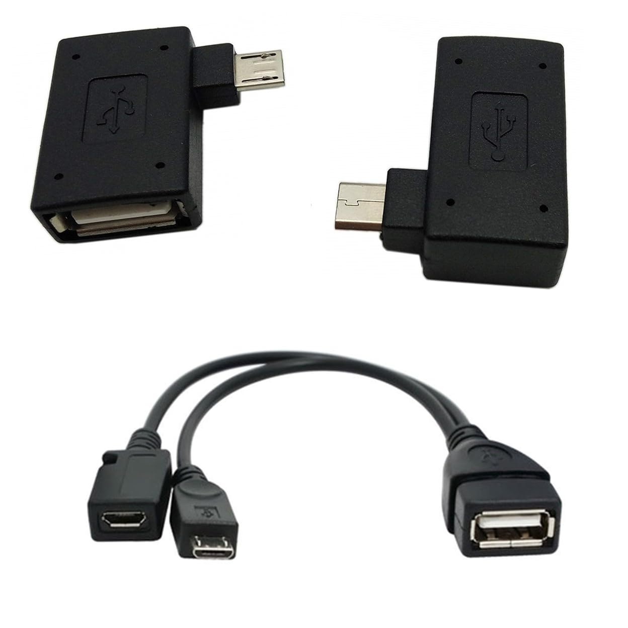 TV xStream Multi-Pack of OTG Adapters, 90 Left Angle, 90* Right Angle and Y OTG Splitter Cable micro USB Connections