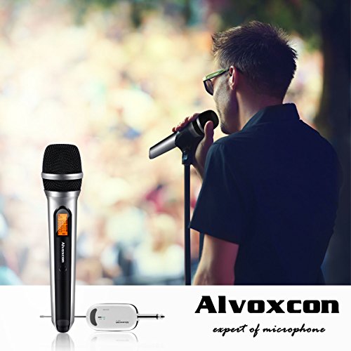UHF Wireless Microphone, Alvoxcon vocal handheld mic system with portable mini receiver (1/4 inch plug) for Karaoke, On-stage performance, DJ, Teachers, Singing, Church, Party, Events (Silver)