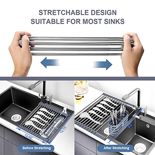Expandable Roll up Dish Drying Rack - Over The Sink Drying Rack with 2 Utensil Racks, Multipurpose SUS304 Stainless Steel Roll up Sink Rack, for Cups Fruits Vegetables Tableware. Dishwasher Safe