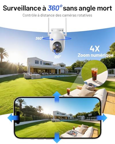 BOOPEX 2K Outdoor Surveillance Camera with Solar Battery, 2 Camera Kit with Base Station, 360° PTZ Wireless Camera with 32G Local Memory, No Charge, AI Detection, Vision