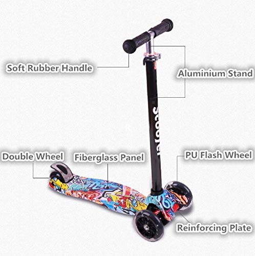 Jipemtra Scooters for Kids 3 Wheel T-bar Adjustable, Riding Kick Scooters for Kids Height Adjustable LED PU Flashing Foldable with Gorgeous Graffiti for Kids (Colorful)