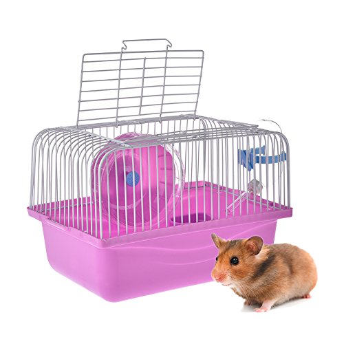 Hamsters Portable Cage Small Plastic Cage with Built-in Water Bottle Playing Wheel Outdoor Travelling Carrier for Small Animals Pink