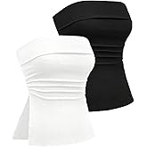SOLY HUX Women's 2 Piece Tube Tops Strapless Sleeveless Ruched Split Y2k Slim Fitted Going Out Top
