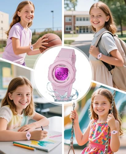 SOCICO Kids Digital Watches for Girls Boys, 5ATM Waterproof, 7 Color Lights Waterproof Watches for Kid with Alarm Stopwatch, Soft Band Wrist Watch Christmas Gifts for Kids Ages 5-12
