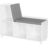 RiverRidge Kids Book Nook Reading Bench with Cushion and Toy Storage, White | Bookcase Bench with 4 Bookshelf Cubbies, Painted MDF, Playroom Storage Organizer