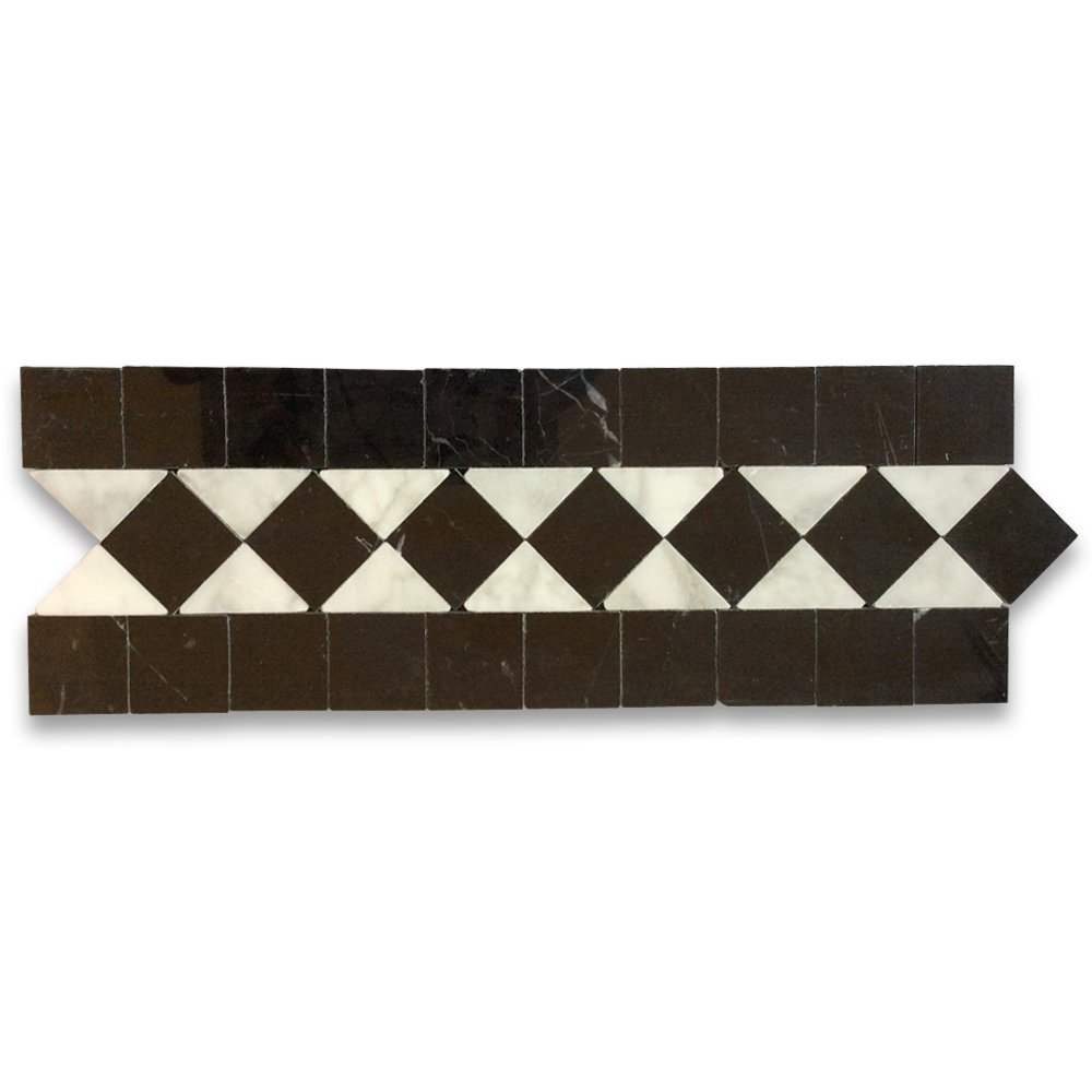 Stone Center Online Carrara White Italian Carrera Marble Classic Black And White Diamond Mosaic Border Listello Tile Polished Venato Bianco Bathroom Kitchen Wall Floor Accent Tile Home Kitchen Home Decor Accents