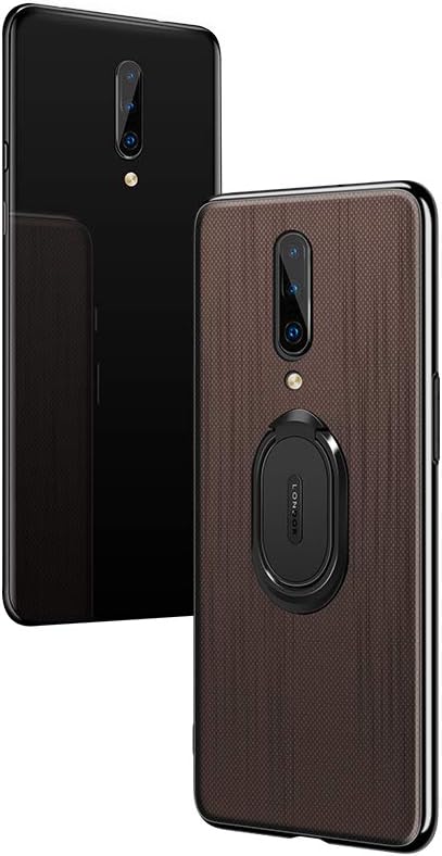 Pacyer Case Compatible with OnePlus 7 Pro Cover, Plaid Cloth TPU Case Cover Rotating Ring Kickstand Compatible with Magnetic Car Mount Function Soft Edges Protective Case Shell (Brown)