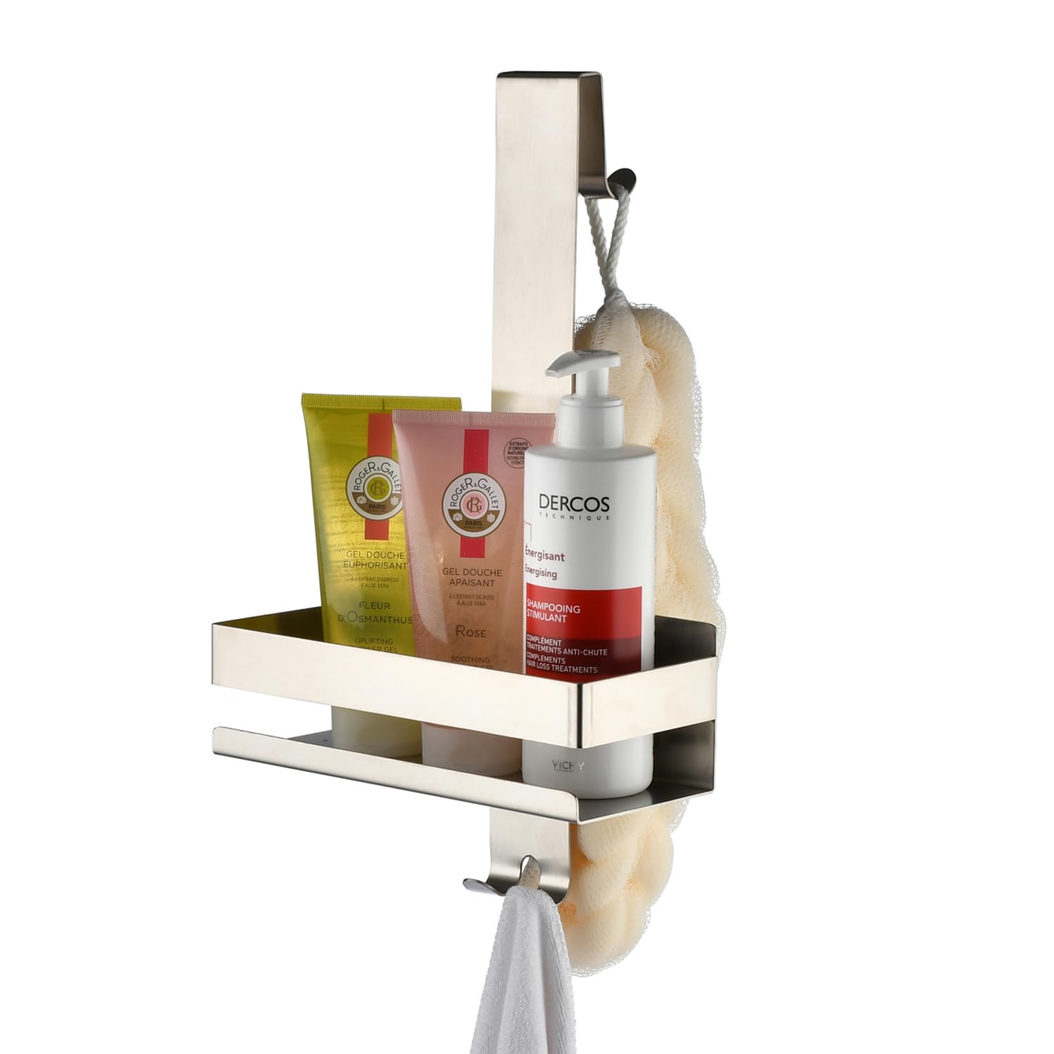 NEWRAIN Shower Caddy Hanging, No Drilling, Brushed Nickel Bathroom Rack with Shower Squeegees Hook, Stainless Steel Over Door Shelf