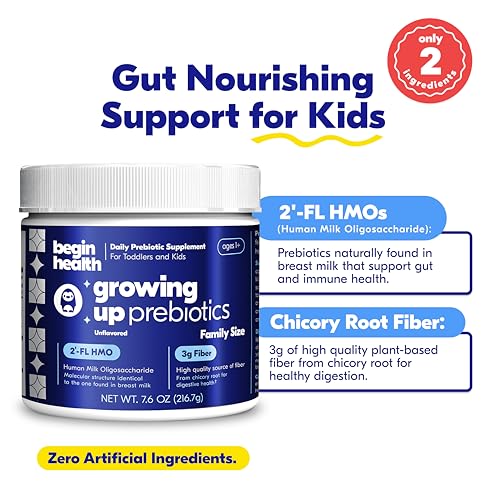 Begin Health Growing Up® Prebiotics for Kids | Daily Prebiotic Fiber Supplement with 2'-FL HMO | Supports Regularity & Gut Health | Unflavored Powder | Ages 1+ | 56 Servings