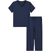 Latuza Women's Petite Pj Lounge Sets Viscose V Neck T-Shirt Wide Leg Pajamas