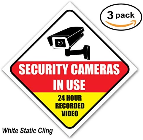 Security Camera Static Cling Sticker - Video Surveillance Sign - Large 8.5” (3 Pack), White Window Cling, 7 mil thick, for outside window, Long Lasting &amp; Weatherproof