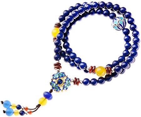 FYF Handmade Cloisonn Beaded Bracelet For Women Blue Flower Pendant Stone Beads Long Chain Vintage Necklace (20 inches, Blue)