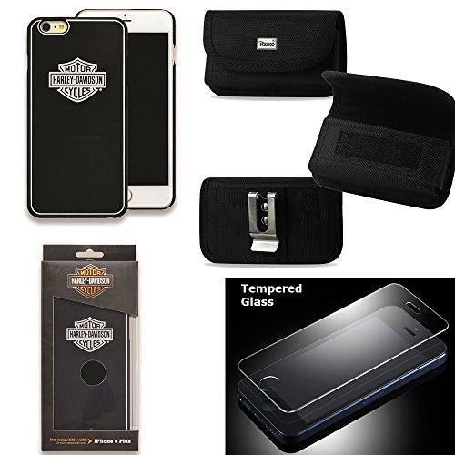Harley Davidson iPhone 6s PLUS, iPhone 6 PLUS Hard Shell Bar and Shield Logo Cover with Tempered Glass Screen Protector. Comes with Rugged Heavy Duty Nylon Case with Metal Clip and Belt loop.