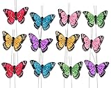 Butterfly Floral Picks with Feather Wings - Set of 12 Colorful Artificial Butterflies on Metal Wire Plant Stake Stems - Wedding Decorations