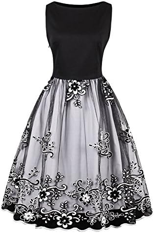 BILIKE 1950s Vintage Lace Floral Print Cocktail Dress Wedding Party Dresses (Black White, M)