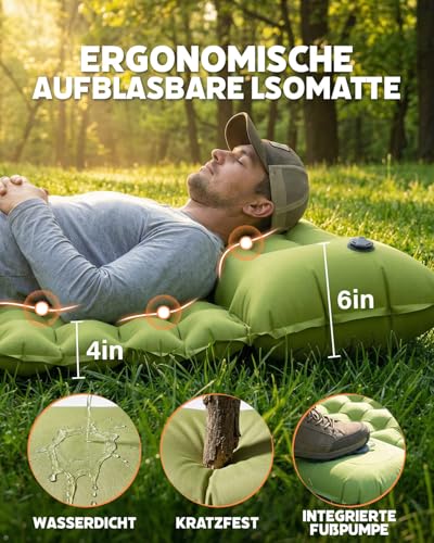 Rgaden Camping Double Sleeping Mat, Ultralight Inflatable Sleeping Mat with Integrated Cushion and Foot Pump, Compact Camping Sleeping Mat, Waterproof for Trekking, Backpacking, Travel and Tent